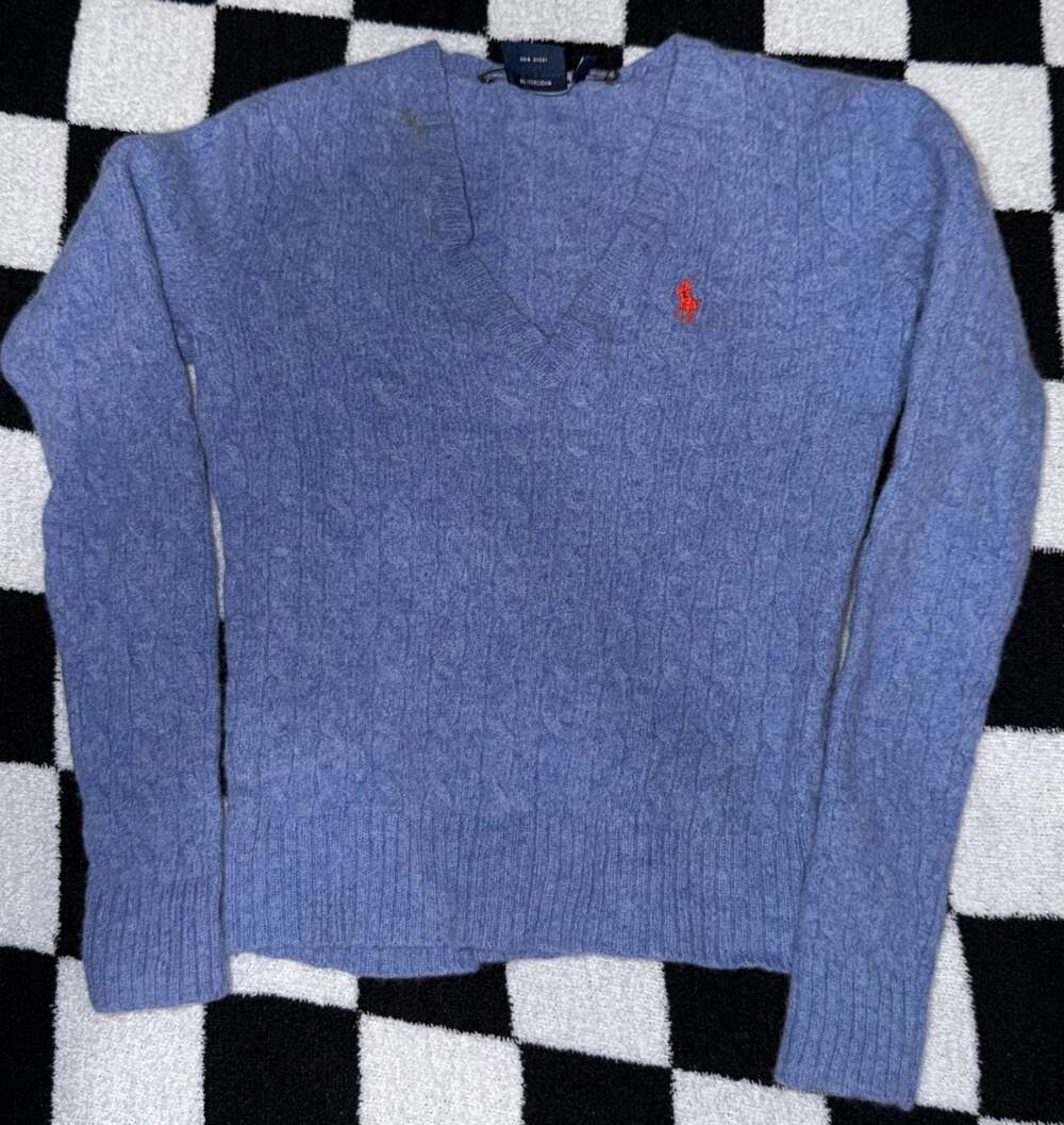 Ralph Lauren Sport Periwinkle Blue 100% Lambswool Cable Knit V-Neck Sweater